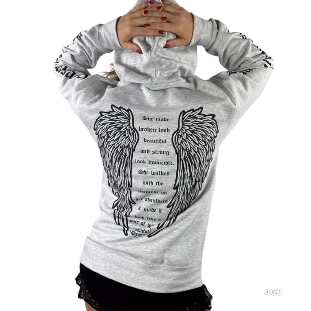 Beautiful disaster Full zip up hoodie hooded sweatshirt angel wings